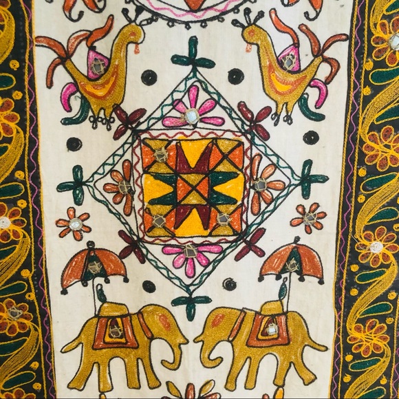 Vintage Indian Embroidered Handmade Elephant and Rooster Boho Wall Hanging - Picture 3 of 7